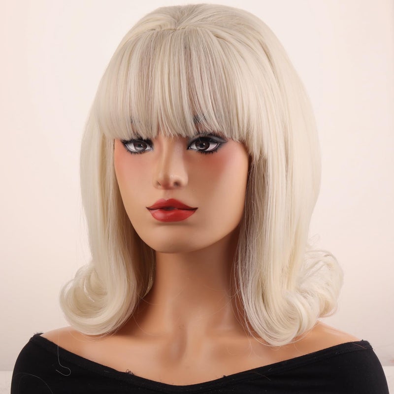 MAGQOO Blonde Wig Women Short Blonde Wig with Bangs Retro Bouffant Beehive Wigs 60s 70s 80s Costume Cosplay Halloween Party with Wig Cap - Image 3
